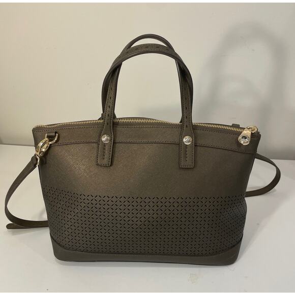 Henri Bendel WEST 57TH Large Brown Perforated Satchel Purse Gold Accents NWOT - Picture 1 of 15